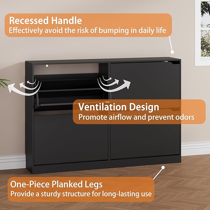 Shoe Storage Cabinet, Wood Shoe Organizer for Entryway with 4 Flip Drawers, Freestanding Shoe Rack with Adjustable Shelf, Narrow Shoe Dresser for Front Door Entrance(Black, 47.24" x 32.28" x 9.44")