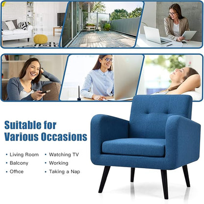 Giantex Upholstered Accent Chair, Modern Mid Century Linen Fabric Living Room Chair with Arms, Max Load 265 Lbs, Comfy Tufted Single Sofa for Reading, Bedroom, Office, Club, Blue