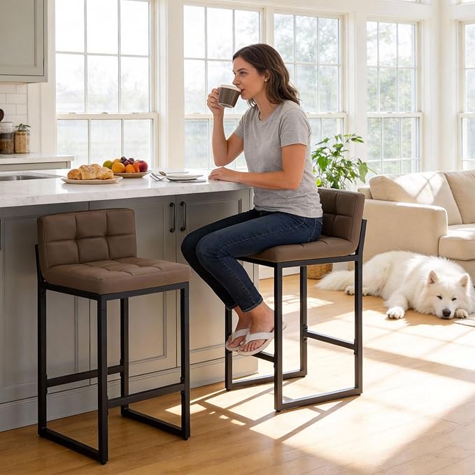 Counter Height Bar Stools Set of 2, Modern Faux Leather Counter Stools with Low Back and Footrest, Upholstered Bar Chairs for Kitchen Island (Coffee Brown, 2Pcs 26" Bar Stools)