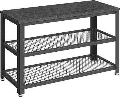 VASAGLE, 3-Tier Shoe Rack, Shelf Storage Bench with Metal Mesh Shelves and Seat, Free Standing Shoe Organizer for Entryway, 11.8 x 28.7 x 17.7 Inches, Ebony Black and Black ULBS073B06