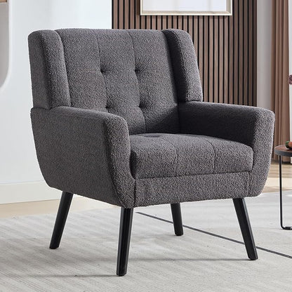 Dolonm Midcentury Modern Teddy Accent Chair with Arms, Upholstered Reading Side Chair Tufted Back Decorative Wingback Chair for Living Room Bedroom (Grey)