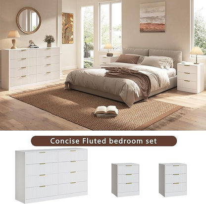 3-Piece Modern Bedroom Furniture Set, Wide 8-Drawer Dresser & 3-Drawer Nightstands Set of 2, Natural Wood Dresser and Nightstand Sets for Bedroom, Hallway, White