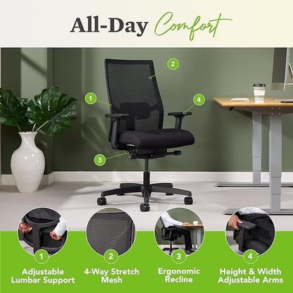 HON Ignition 2.0 Mid Back Task Chair, Spectrum Mesh, Advanced Synchro-Tilt Control, Office Chair with Lumbar Support, Height and Width Adjustable Arms, Titanium Frame, Sky