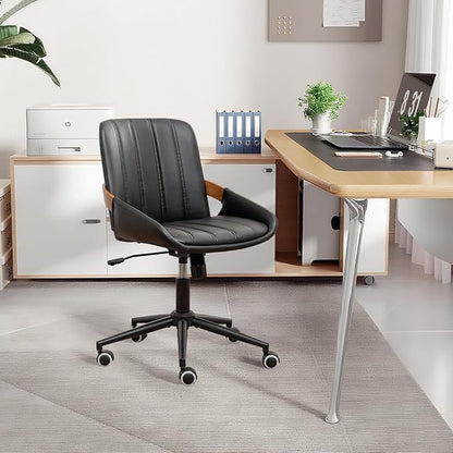 Small Home Office Chair No Arms,PU Leather Desk Chair with Wheels,Adjustable Height Work Chair,360° Swivel Computer Desk Chair for Office, Reading and Study (Black)