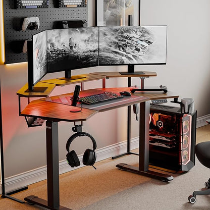 EUREKA ERGONOMIC Aero 55 Inch W Shaped Electric Standing Desk, Height Adjustable Computer Gaming Desk with LED Monitor Shelf, Mouse Pad, Headphone Hook, Cup Holder, Dark Walnut