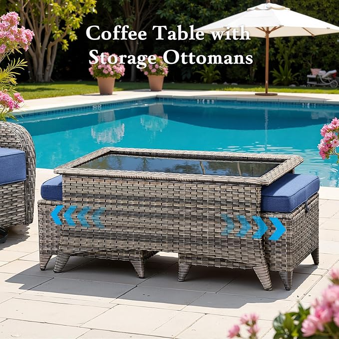Belord Luxury 6" Thick Cushioned 7 Pieces Patio Furniture Set with Outdoor Couch, Wicker Outdoor Conversation Set with High Back Swivel Rocker Chairs for Deck Porch Yard and Poolside - Grey+Blue