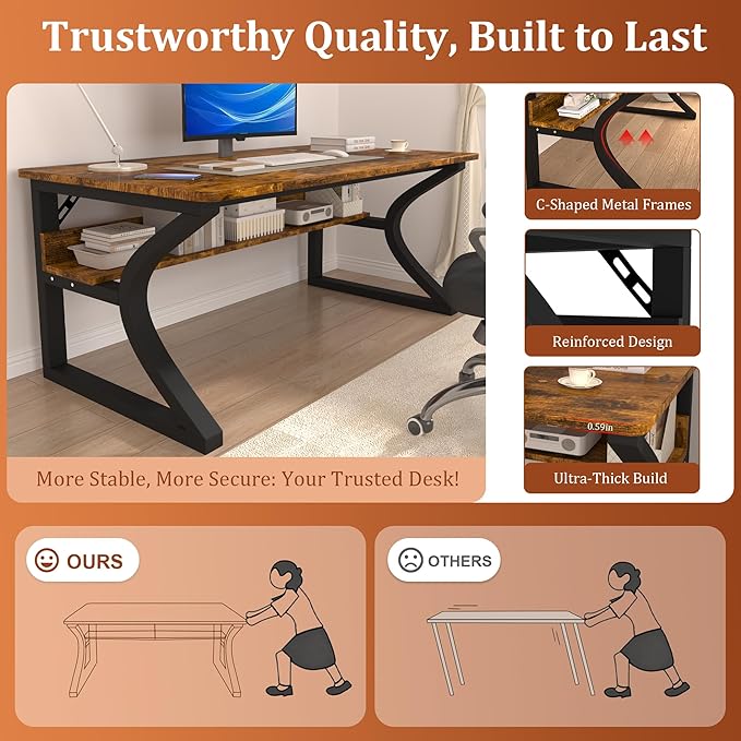 StarGraph Computer Desk 55'' Large Home Office Desk with Sturdy Metal Frame U Shaped Modern Computer Desks with Storage Study Writing Office Work from Home Desks (Rustic Brown, 55 inch)