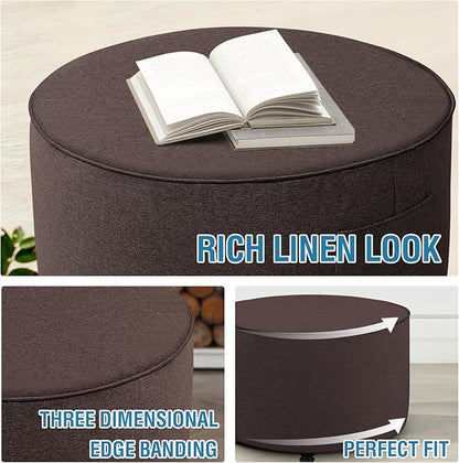 H.VERSAILTEX Small Round Ottoman Cover Thick Linen Look Ottoman Slipcover Round Ottoman Storage Cover Folding Stool Covers Furniture Protector for Footrest Ottoman Fit Dia 24" - 26", Heather Chocolate
