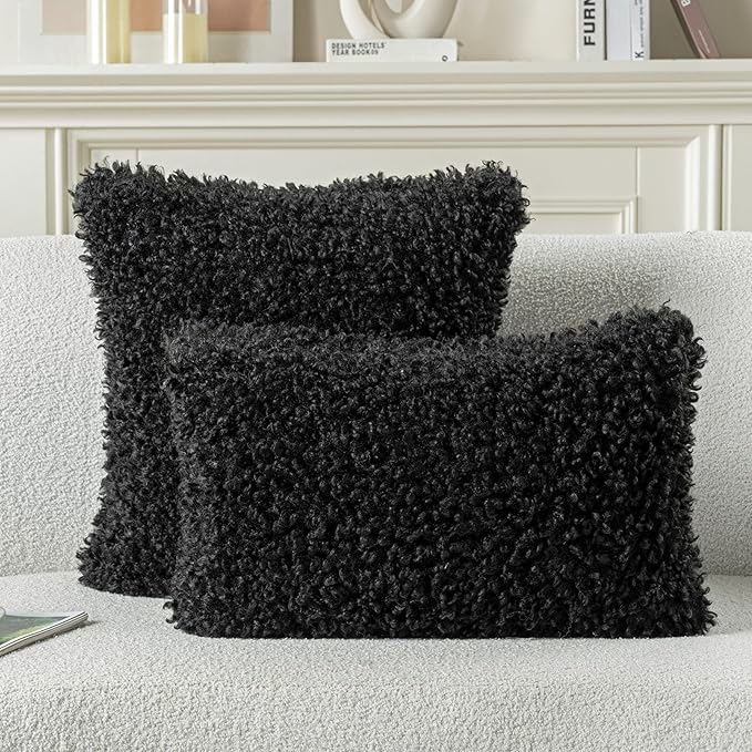 FUTEI Black Decorative Throw Pillow Covers 20x20 Inch Set of 2,Soft Fluffy Faux Wool Fur Boucle Textured Cushion Case,Modern Home Decor for Couch Bed Living Room Office