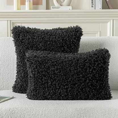 FUTEI Black Decorative Throw Pillow Covers 16x16 Inch Set of 2,Soft Fluffy Faux Wool Fur Boucle Textured Cushion Case,Modern Home Decor for Couch Bed Living Room Office