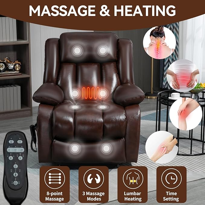 Luxlen Electric Power Lift Recliner Chair with Vibration Massage and Heat, Leather Reclining Chairs for Elderly with Remote Controls, Side Pockets, Big and Tall Recliner, Brown