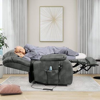 EDILLY Extra Large Power Lift Recliner Chairs for Elderly,Infinite Position Lay Flat Dual Motor Recliners Chair,with Heating and Massage, Breathable Leather,USB Ports and Remote Control(Silver Gray)