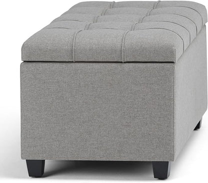 SIMPLIHOME Sienna Storage Ottoman Bench - 33 inch Wide Upholstered Linen Look Fabric Rectangle Storage Ottoman Bench in Fawn Brown, Transitional Tufted Ottoman for Living Room with Lift Top