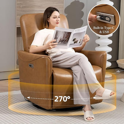 Power Swivel Recliner Chair, Faux Leather Glider Electric Rocking Chair for Adults. Nursery Rocker Single Sofa Chair with Lumbar Support for Living Room. Dual-port Charging: Type-C&USB, Brown
