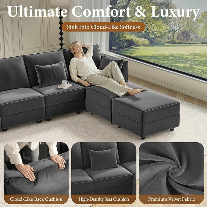 Vesgantti Sectional Couches with Storage Seats, 118" L Shaped Convertible Modular Sectional Sofa, 4 Seat & 1 Ottoman Velvet Storage Chaises Deep Seat Couch for Living Room, Bedroom, Apartment, Gray