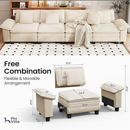 PHI VILLA Cloud Modular Couches Sets, 157.5" Long Sectional Sofa with Upholstered Deep Seat, 4-Seater Couches for Living Room, Chenille Corduroy Dual Fabric, Beige
