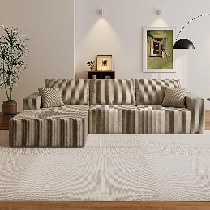 110" Boneless Cloud Sectional Couch for Living Room, Compressed Modular L-Shaped Sofa with Deep Seat, Frameless Corduroy Couch in Boxes, No Assembly Required 3-Seater (Right-Facing Chaise, Grey)
