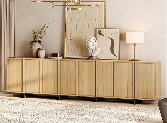 WAMPAT Modern Sideboard Buffet with 8 Doors, Multifunctional Sideboard with Large Storage and T-Shaped Legs, Coffee Bar Cabinet Storage for Kitchen, Living Room, Oak