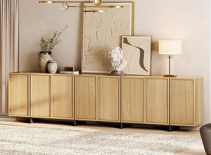 WAMPAT Modern Sideboard Buffet with 8 Doors, Multifunctional Sideboard with Large Storage and T-Shaped Legs, Coffee Bar Cabinet Storage for Kitchen, Living Room, Oak