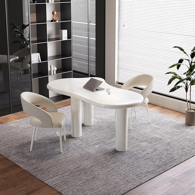 Modern Cream-White Office Desk with Beige Business Chair, Large Computer Table Set, Minimalist and Sturdy Workstation and Workstation, Ideal for Office, Home Office, and Gaming (Desk with Two Chairs)