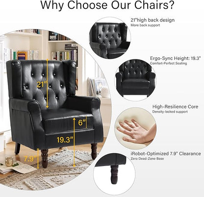Lumibee High Back Accent Chairs Set of 2,Upholstered Faux Leather Wingback Armchairs with Solid Wood Legs for Small Spaces,Comfy Single Sofa Chairs for Living Room,Bedroom-Carbon Black