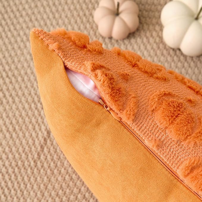 Kevin Textile Fall Pumpkins Pillow Covers 18x18 Inch Set of 2 Cute Autumn Decorative Square Pillowcases Soft Faux Fur Cushions Harvest Gift for Couch Sofa Chair Bedroom Home Decor, Orange