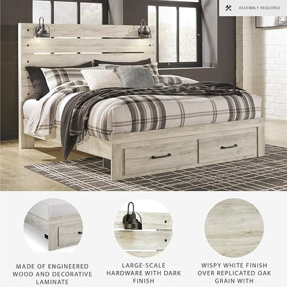 Signature Design by Ashley Cambeck Farmhouse King Panel Bed with 2 Storage Drawers, Sconce Lights and USB Ports, Foundation or Box Spring Needed, Whitewash