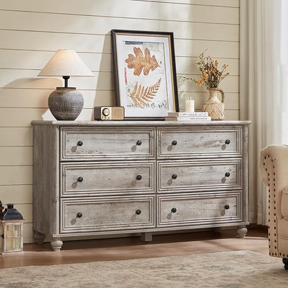 6 Drawers Dresser for Bedroom, Farmhouse 54" Wide Wood Dressers Chest of Drawers, Vintage Design TV Stand, Rustic Storage Dresser Organizer with Metal Handle Closet for Living Room, Hallway