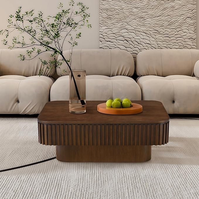 Lift Top Coffee Table for Living Room, Fluted Coffee Tables with Storage, Solid Wood Veneered Modern Accent Tea Center Table for Small Space Apartment (Walnut-38.6''D×26.8''H)