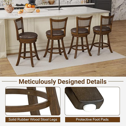 COSTWAY 25” Swivel Counter Height Barstools Set of 2, Rubber Wood Bar Stools with Rattan Backrest, Footrest, Upholstered Leathaire Armless Chairs for Kitchen Island, Pub, Brown (2, 25” Seat Height)