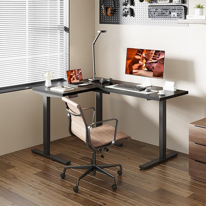 L-Shaped Standing Desk, 63 x 47 Inches Height Adjustable Desk, Sit and Stand up for Work Office Home, Ergonomic Rising Computer Table for Home Office with Splice Board, Black