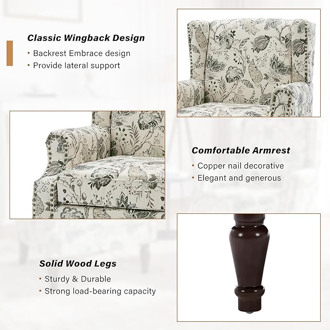 Floral Wingback Accent Chair, High Back Upholstered Armchair, Comfy Fabric Wingback Arms Chairs with Retro Solid Wood Legs, Single Sofa Reading Chair for Bedroom Living Room, Plants Beige