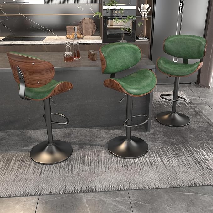 Bar Stools Set of 2, Bar Stools for Kitchen Island with Bentwood Back and Leather Seat, Green