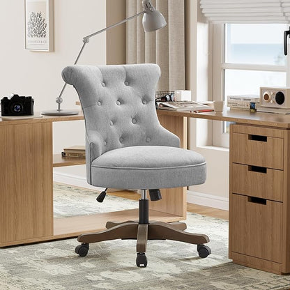 Home Office Adjustable Height Swivel Chair With Wheels - Linen Fabric Upholstered Computer Desk With Wooden Legs - Comfortable Armless for Study Studio (Light Grey)