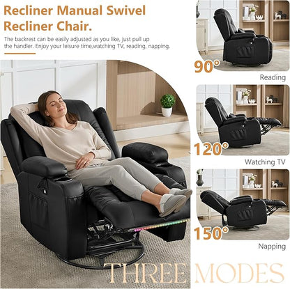 URRED Rocker Recliner Chair for Adults, 270° Swivel Glider Reclining Single Sofa with LED Ambient Light, Cup Holders and Side Pockets, Faux Leather Recliner for Living Room or Home Theater, Black