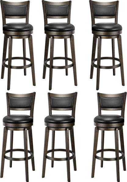PrimeZone Swivel Bar Stools Set of 6, 32 Inch Tall Bar Height Barstools, Black Faux Leather Bar Stool with High Backrest & Solid Wood Legs & Wrap-Around Footrest, Counter Stools for Pub