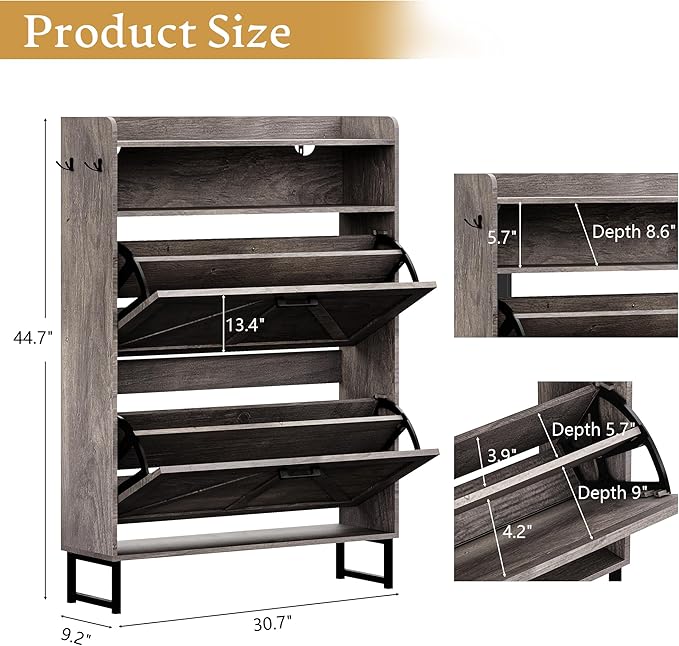 Shoe Storage Cabinet with 2 Flip Drawers, Narrow Wood Shoe Cabinet Storage for Entryway with Metal Legs & Hooks, Adjustable Shelves, Freestanding Shoe Rack Organizer for Foyer, Hallway, Grey