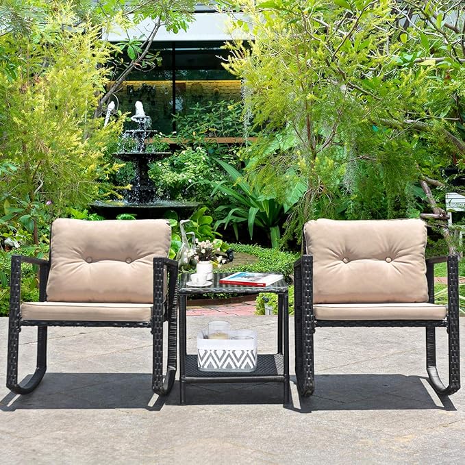 COSTWAY 3 Pieces Patio Rattan Rocking Chair Set, Outdoor Conversation Furniture Sets with Coffee Table, Storage Shelf and Cushions, Modern Bistro Set for Porch, Backyard, Garden, Beige