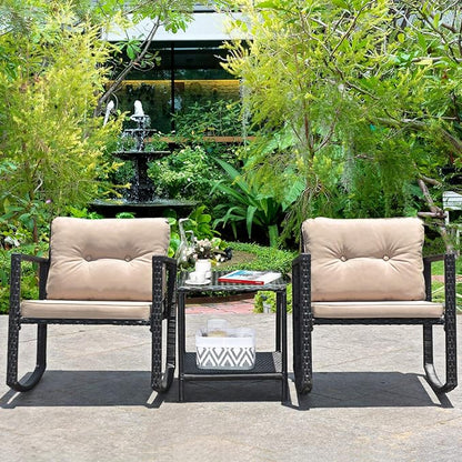 COSTWAY 3 Pieces Patio Rattan Rocking Chair Set, Outdoor Conversation Furniture Sets with Coffee Table, Storage Shelf and Cushions, Modern Bistro Set for Porch, Backyard, Garden, Beige