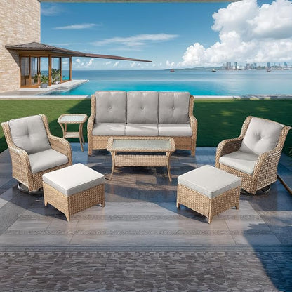 HUMMUH Patio Furniture 7 Pieces Outdoor Furniture Set PE Wicker Patio Couch with Swivel Rocker Chairs,Patio Ottomans,Outdoor Tables