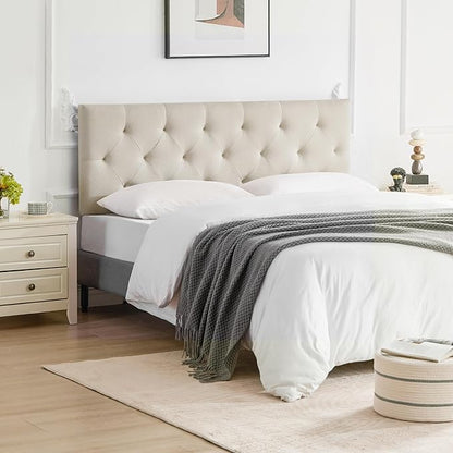 Linen Upholstered Headboard King Size, Modern Diamond Tufting Solid Wood California King Headboard Only, Adjustable Height from 37” to 51” Head Board, Bed Frame or Wall Mount Headboards, Beige