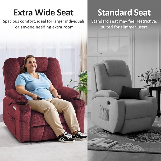 MCombo Oversized Power Lift Recliner Chair Sofa with Massage and Heat for Elderly People Petite, USB Ports, Side Pockets, Fabric R7561 (Burgundy, Small-Oversize)