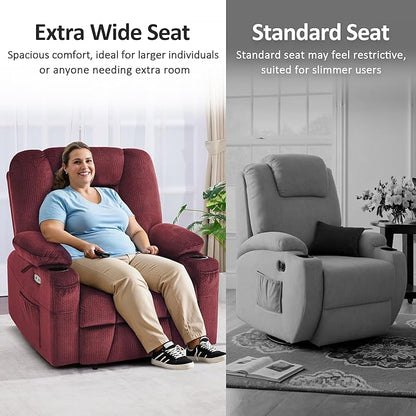 MCombo Oversized Power Lift Recliner Chair Sofa with Massage and Heat for Elderly People Petite, USB Ports, Side Pockets, Fabric R7561 (Burgundy, Small-Oversize)
