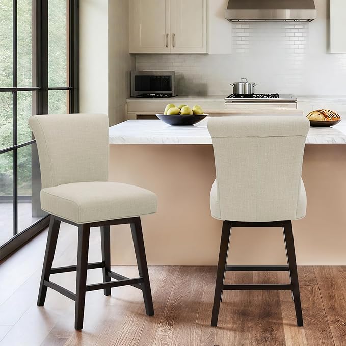 CHITA 26 Inch Counter Height Swivel Bar Stool, FSC Certified Modern Fabric Swivel Barstool Chair with Back, Linen