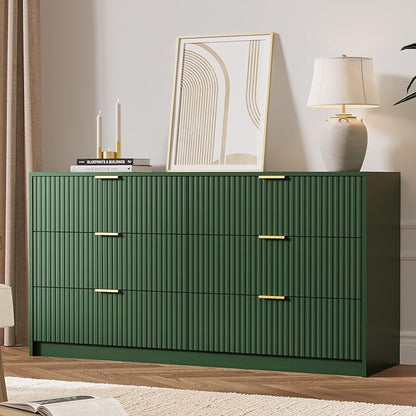 Green 6 Drawer Dresser for Bedroom, 55" Wide Modern Chest of Drawers with Gold Metal Handles, Fluted Wood TV Stand for Living Room, Hallway