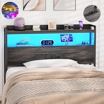 Aheaplus Headboard for Twin Size Bed Frame, Headboards with Outlets, USB Ports and LED Light, Head Board with Storage, Height Adjustable, Sturdy and Stable Headboard, Twin Size, Black Oak