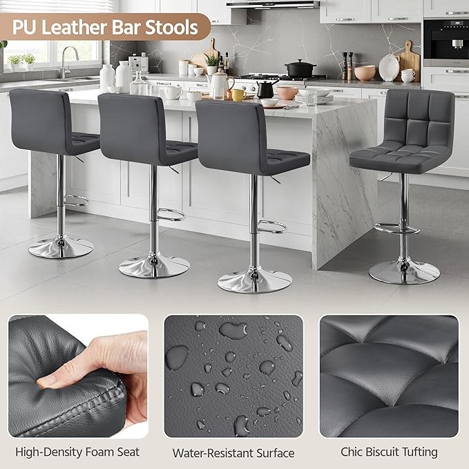 Yaheetech 2 Pack Bar Stools with Backrest, Adjustable Height 25"-36" Swivel Counter Stools, PU Leather Kitchen Barstools with Footrest for Kitchen Island, Dining Room, Gray