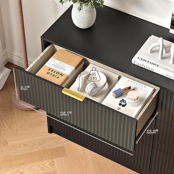 3-Piece Modern Bedroom Furniture Set, Wide 6-Drawer Dresser & 2-Drawer Nightstands Set of 2, Natural Wood Dresser and Nightstand Sets for Bedroom, Hallway, Black