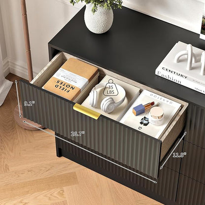 3-Piece Modern Bedroom Furniture Set, Wide 6-Drawer Dresser & 2-Drawer Nightstands Set of 2, Natural Wood Dresser and Nightstand Sets for Bedroom, Hallway, Black