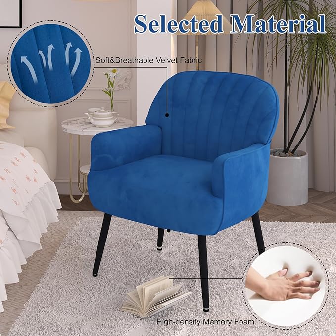Velvet Accent Chair, Upholstered Modern Leisure Single Sofa Side Living Room Chair, Comfy Tufted Back Armchair with Metal Legs for Waiting Room/Bedroom/Office/Reading Room, Blue